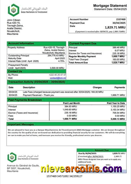 Mauritania Banque Mauritanienne de l'Investissement (BMI) mortgage statement Word and PDF template